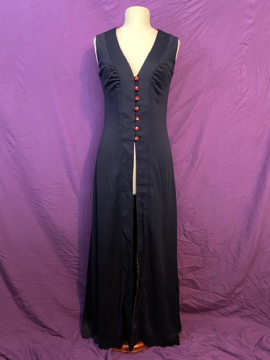 Young Edwardian Dresses & Skirts - Vintage 70s Young Edwardian Navy Sleeveless Duster with Red Polka Dot Buttons